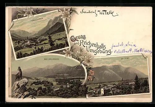 Lithographie Reichenhall, St. Zeno, Bad Kirchberg, Grossgmain, Umland