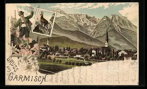 Lithographie Garmisch, Ortsansicht aus der Vogelschau, Wanderer in Tracht, Ziegenbock