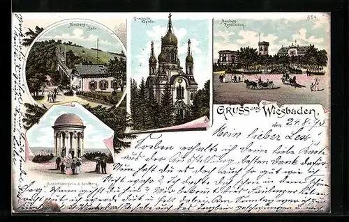 Lithographie Wiesbaden, Neroberg-Restauration, Griechische Kapelle, Neroberg-Bahn, Aussichtstempel a. d. Neroberg