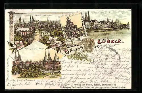 Lithographie Lübeck, Schifferhaus, Hafen a. d. Trave, Holstenthor, Ortsansicht vom Dom aus