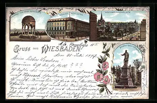 Lithographie Wiesbaden, Tempel auf dem Neroberg, Königl. Schloss, Kochbrunnenplatz, Denkmal Kaiser Wilhelm I.