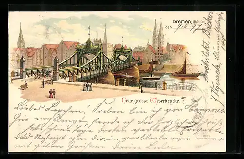 Lithographie Bremen, Partie an der Weserbrücke