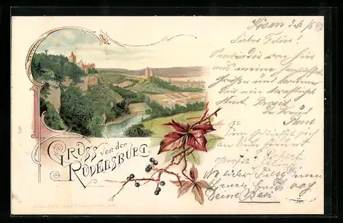Lithographie Rudelsburg, Flusspartie mit Rudelsburg