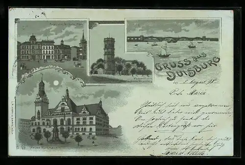 Mondschein-Lithographie Duisburg, Friedrich Wilhelm Platz, Wasserthurm, Rheinbrücke, Neues Rathaus
