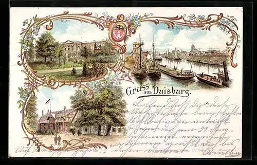 Lithographie Duisburg, Tonhalle, Hafen, Monning, Wappen