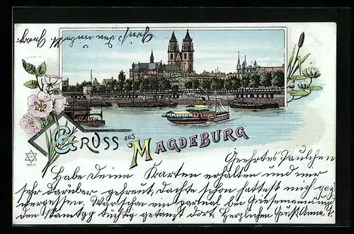 Lithographie Magdeburg, Uferpartie mit Dom, Seerose