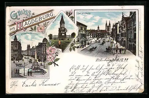 Lithographie Magdeburg, Hasselbachbrunnen, Kriegerdenkmal, Alter Markt