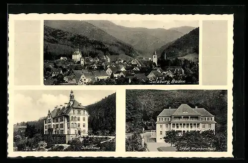 AK Sulzburg /Baden, Schulhaus, Städt. Krankenhaus, Ortsansicht aus der Vogelschau