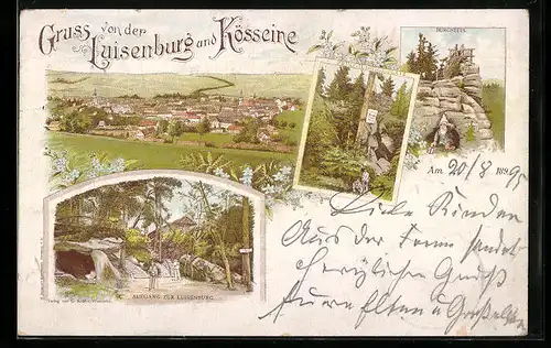 Lithographie Wunsiedel, Aufgang zur Luisenburg, Prinz-Ludwig-Platz, Burgstein, Ortsansicht aus der Vogelschau, Zwerg