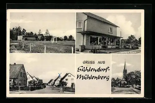 AK Sühlendorf-Mühlenberg, Sportplatz, Kaufhaus Mosch, Dorfstrasse, Kirche