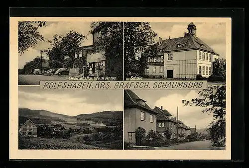 AK Rolfshagen /Krs. Grafsch. Schaumburg, Geschäftshaus Kurt Anton, Schule, Strassenpartie, Ortsansicht