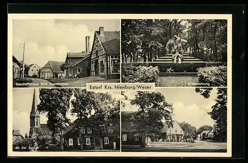 AK Estorf /Krs. Nienburg, Geschäftshaus Willi Sonnemäker, Kriegerehrung, Partie an der Schule, Strassenpartie