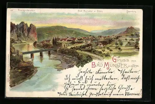 Lithographie Bad Münster am Stein, Gesamtansicht mit Rheingrafenstein und Ebernburg