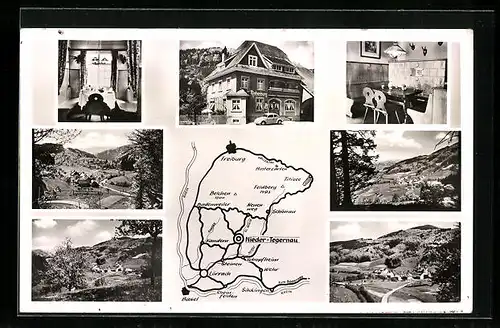 AK Nieder-Tegernau, Blick ins kleine Wiesental mit Landgaststätte Rothenburg, Landkarte