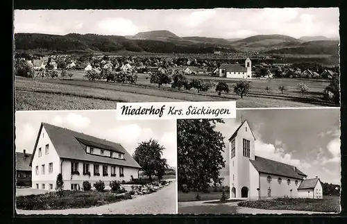 AK Niederhof, Gesamtansicht, Strassenpartie und Kirche