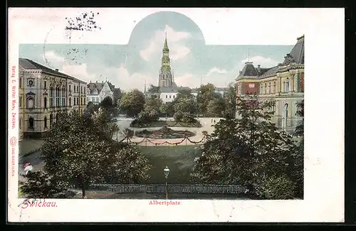 AK Zwickau, Anlagen auf dem Albertplatz, Blick zur Kirche