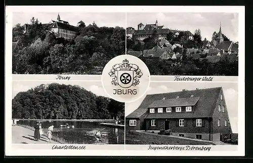 AK Iburg, Blick auf die Burg, Teutoburger Wald, Jugendherberge Dörenberg, Charlottensee, Wappen
