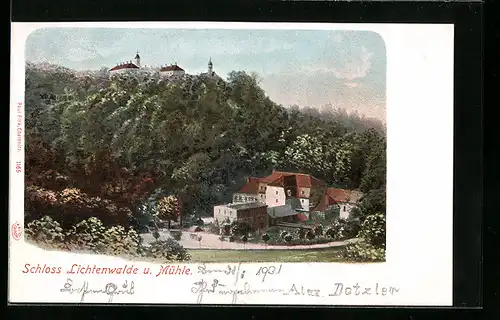 AK Lichtenwalde, Blick auf das Schloss über der Mühle