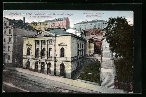 AK Annaberg i. Erzgeb., Stadttheater mit der Freitreppe, Höhere und Mittlere Bürgerschule