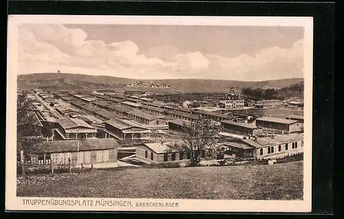 AK Münsingen, Blick auf das Barackenlager des Truppenübungsplatz