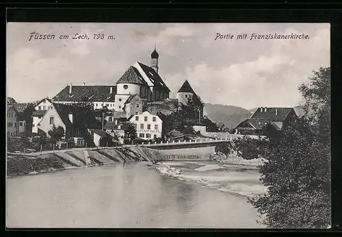 AK Füssen am Lech, Uferpartie an der Franziskanerkirche