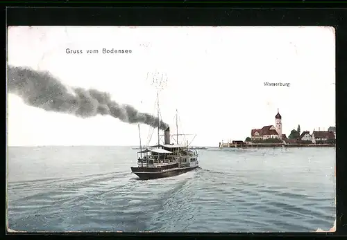 AK Wasserburg am Bodensee, Ausflugsdampfer steuert die Stadt an, Blick zur Kirche