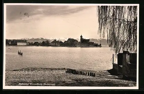 AK Wasserburg am Bodensee, Blick zur Kirche vom Seeufer aus