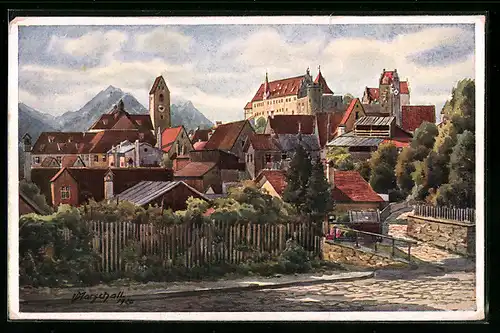 Künstler-AK Füssen am Lech, Stadtansicht mit Schloss, Aggenstein und Rossberg