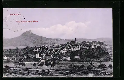 AK Hechingen, Stadttotale mit der Burg Hohenzollern