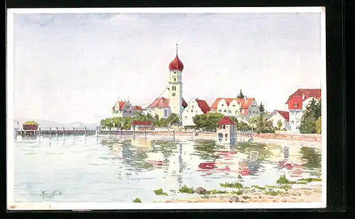 Künstler-AK Wasserburg am Bodensee, Blick vom Ufer zur Kapelle