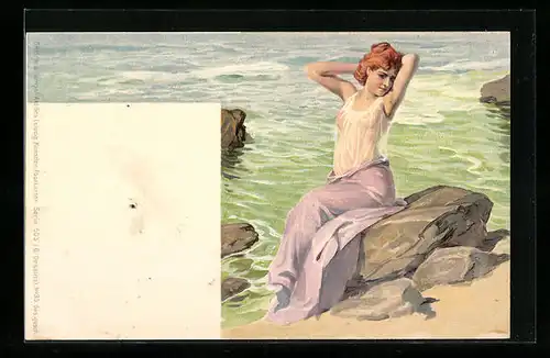 Künstler-AK Frau im durchsichtigen Oberteil auf einem Felsen am STrand, Bademode