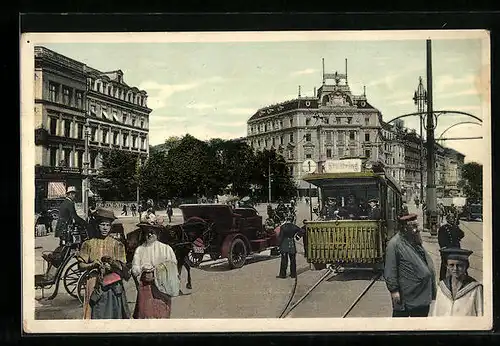 AK Berlin, am Potsdamer Platz, Passanten und Strassenbahn als Fotomontage