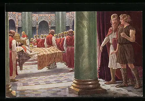 Künstler-AK Parsival im Gespräch, Amfortas liegt auf der Wunden Barre, Serie 141, Nr. 3807