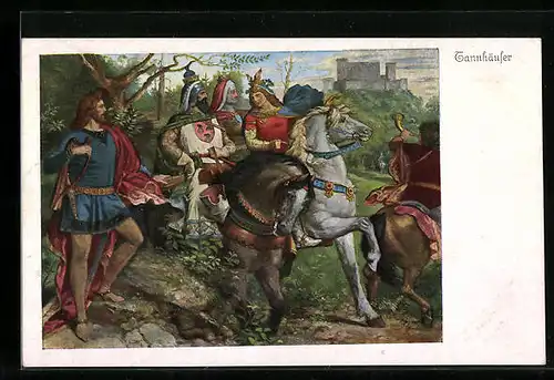 Künstler-AK Tannhäuser, in bunten Kleidern zu Pferd, die Burg im Hintergrund, Serie 259, Nr. 4487