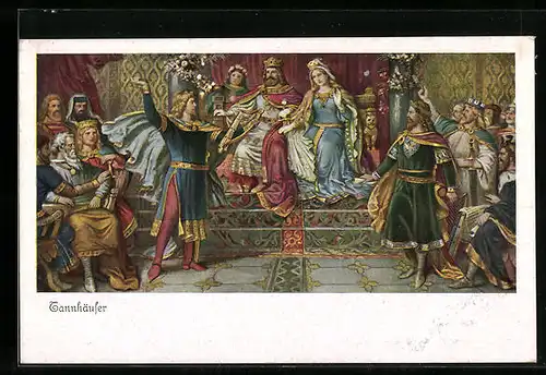 Künstler-AK Tannhäuser mit Harfe vor dem Thron mit König und Königin, Serie 259, Nr. 4489
