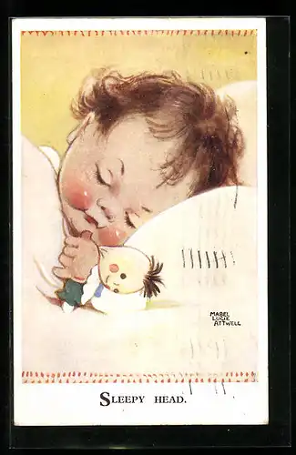 Künstler-AK Mabel Lucie Attwell: Sleepy Head, Kind liegt mit seiner Puppe im Bettchen