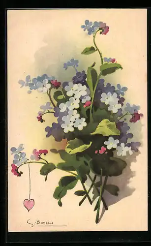 Künstler-AK S. Bonelli: Ein bunter Strauss Blumen mit einem Herz