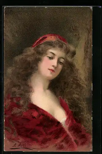 Künstler-AK Angelo Asti: Portrait einer jungen Frau im roten Kleid mit Kappe