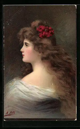 Künstler-AK Angelo Asti: Junge Frau mit langen Haaren und roten Blumen im Haar portraitiert