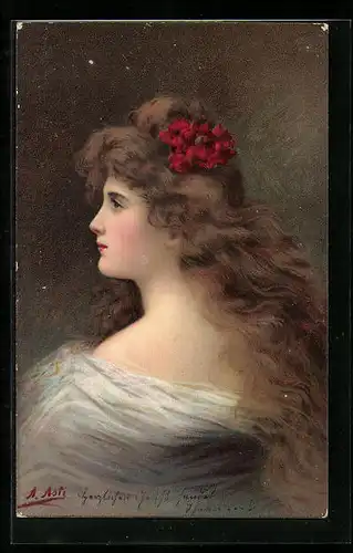 Künstler-AK Angelo Asti: Portrait einer jungen Frau mit roten Blumen im Haar