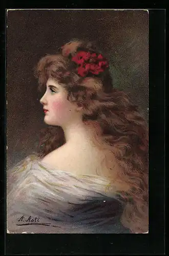 Künstler-AK Angelo Asti: Seitliches Portrait einer jungen Frau mit roten Blumen im Haar