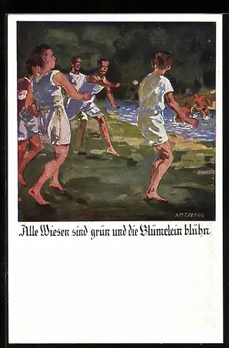 Künstler-AK Otto Amtsberg: Männer im Spiel auf der Wiese, Alle Wiesen sind grün und die Blümelein blühn