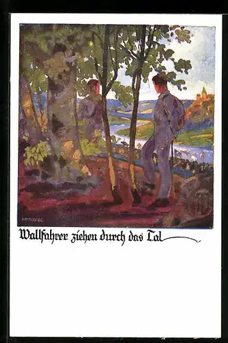 Künstler-AK Otto Amtsberg: Herren unter Bäumen mit Blick auf den Flusslauf, Wallfahrer ziehen durch das Tal