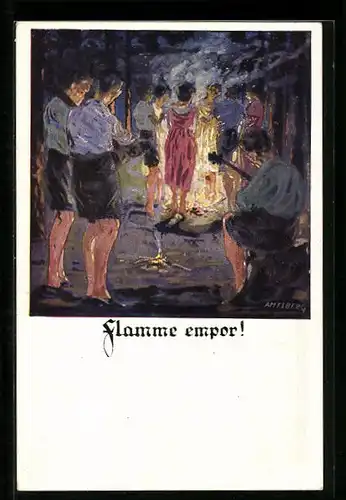 Künstler-AK Otto Amtsberg: Flamme empor!, Damen tanzen zum Gitarrenspiel