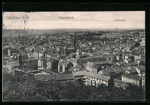 AK Hagen i. W., Totalansicht, Blick zur Hohensyburg