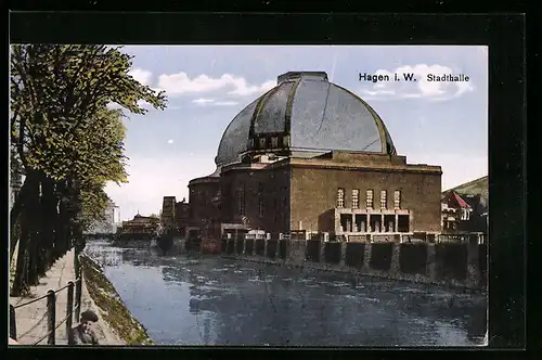 AK Hagen i. W., Uferpartie an der Stadthalle