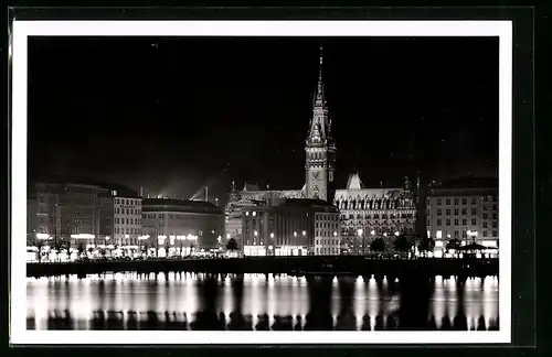 AK Hamburg, Binnenalster und Rathaus im Lichterglanz