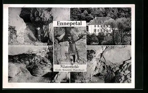 AK Ennepetal, Weg zur Gralsburg, Gang in die Kluterthöhle, Blick zum Hotel
