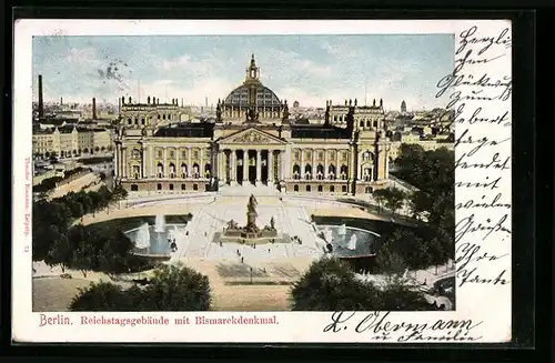 AK Berlin, Reichstagsgebäude mit dem Bismarckdenkmal