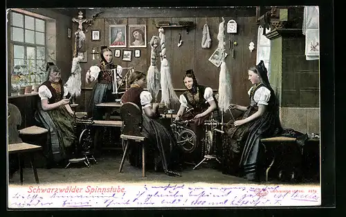 AK Junge Frauen in der Spinnstube, Schwarzwälder Tracht